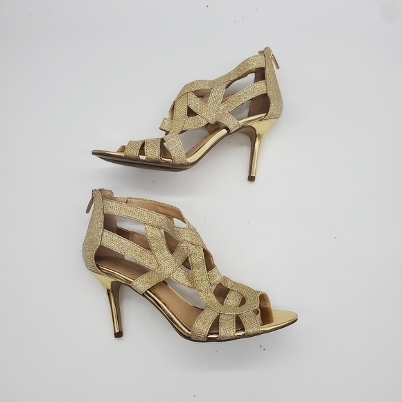 Marc Fisher Nala Leather Gold Shimmer Strappy Metallic Zip Heels Women's 8M - Picture 11 of 15